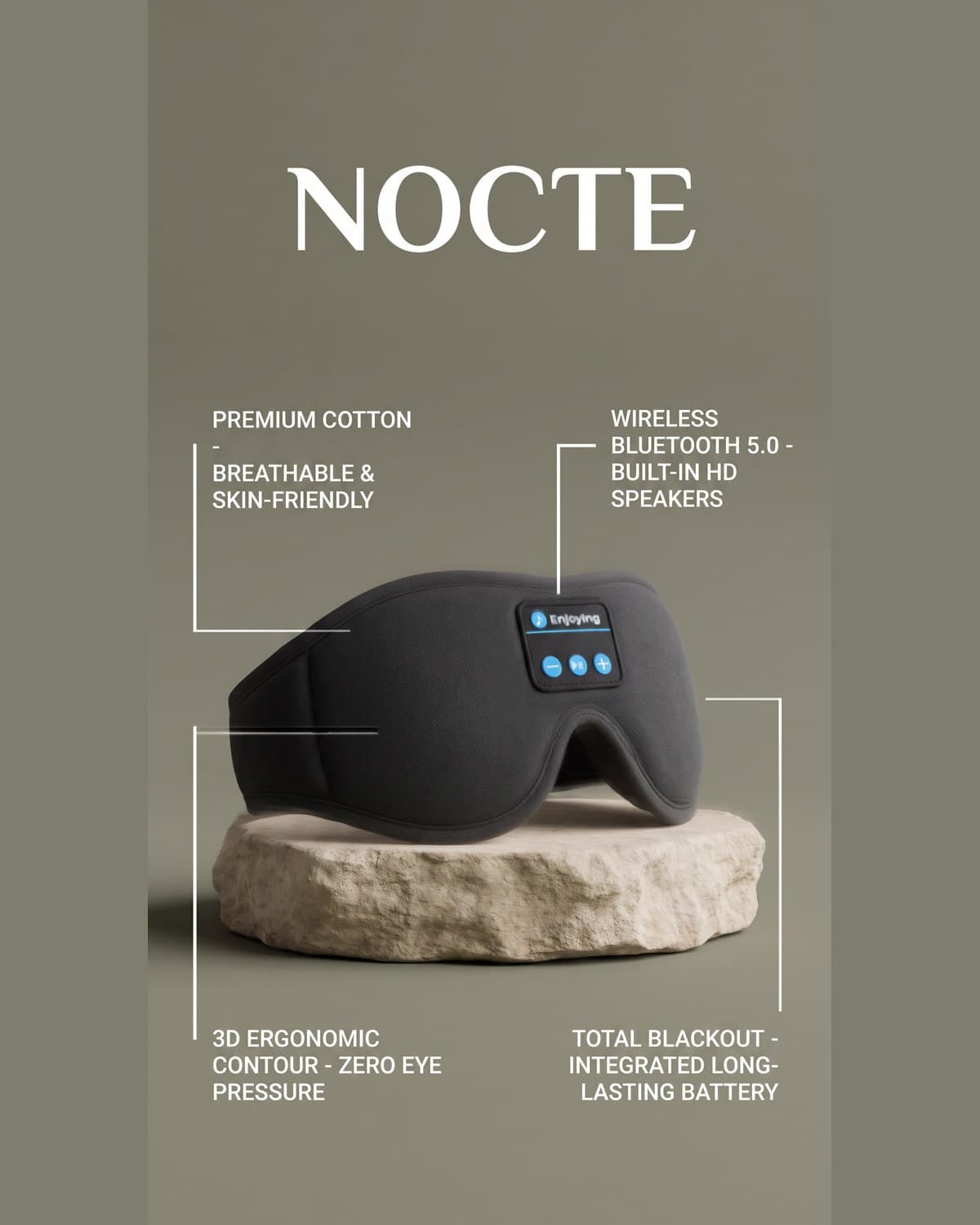 Nocte Sleep Mask features: premium cotton, wireless audio, 3D ergonomic contour, total blackout