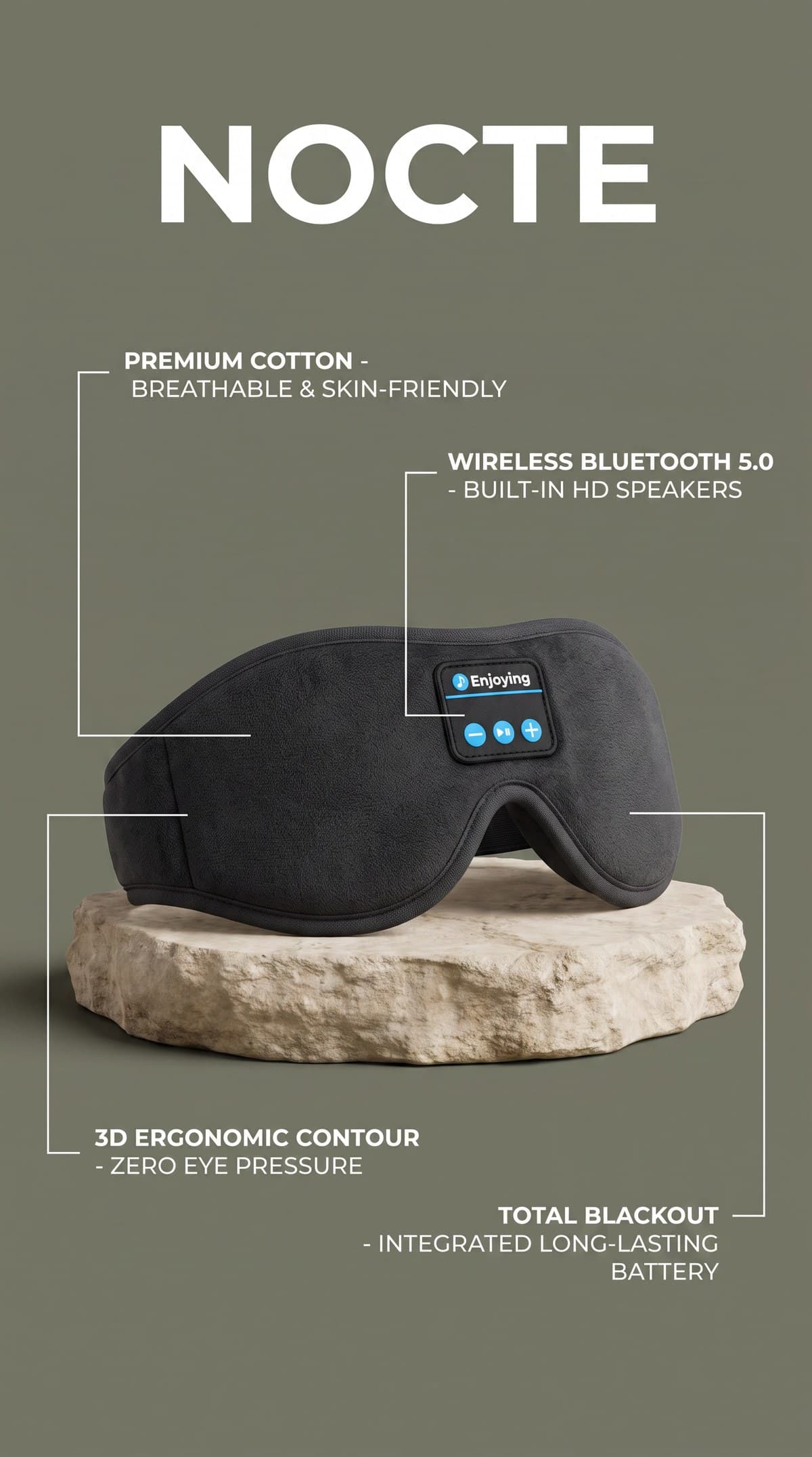 Nocte Sleep Mask features: flat speakers, blackout, washable