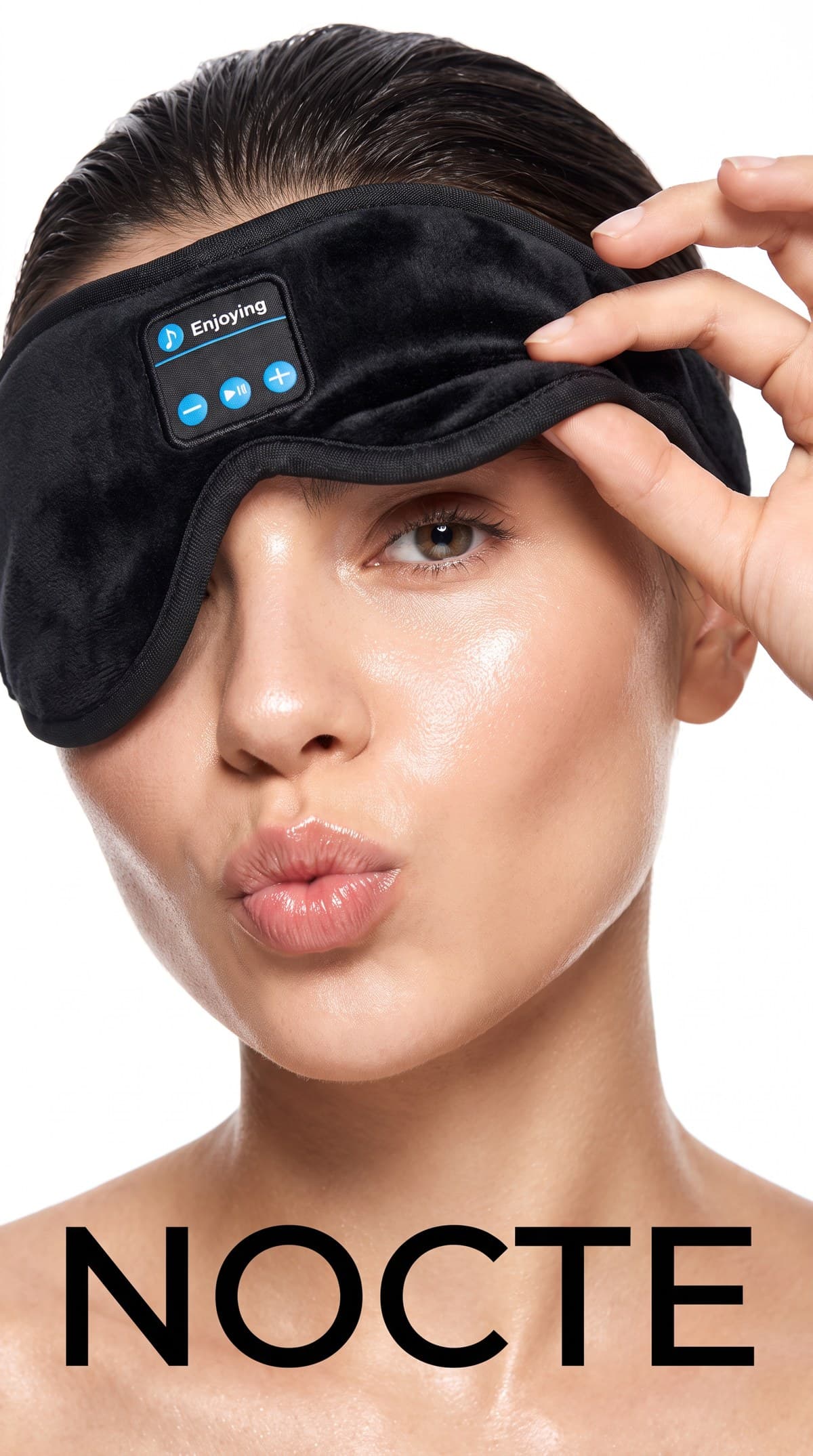 The Nocte Sleep Mask in Midnight, lifted off one eye